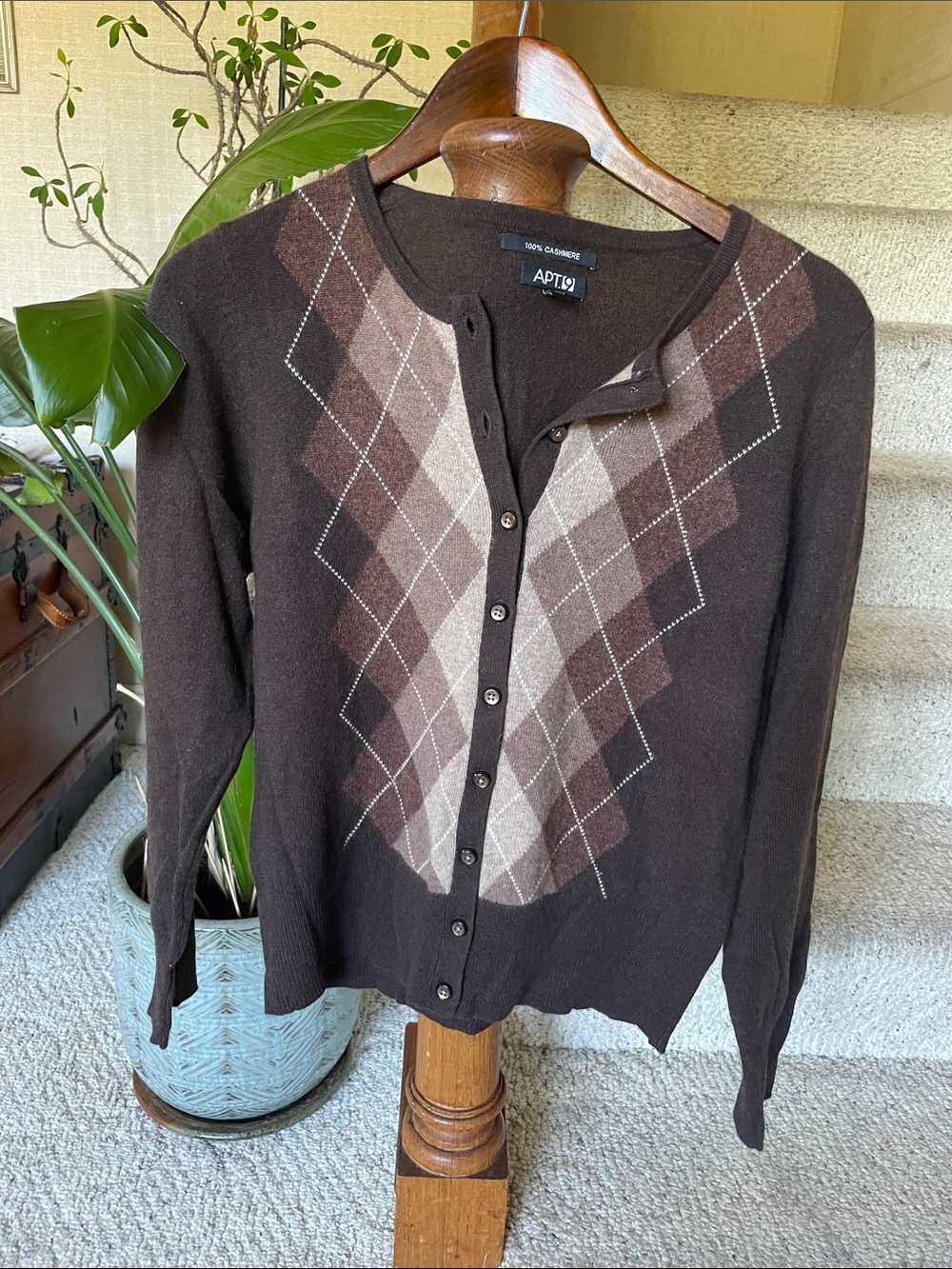 Apt. 9 100% Cashmere Brown and Tan Argyle Button-Front Cardigan Medium